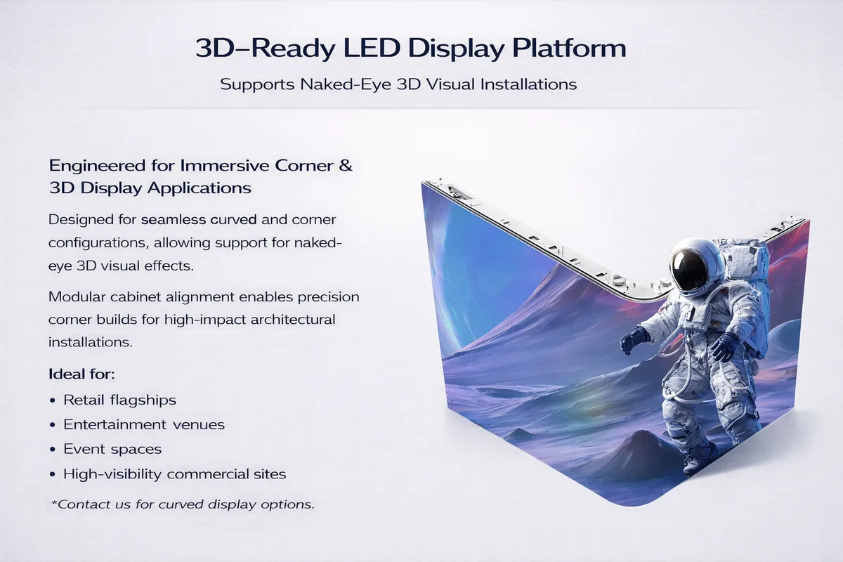 3D-Ready LED Display Platform — Supports naked-eye 3D and corner configurations