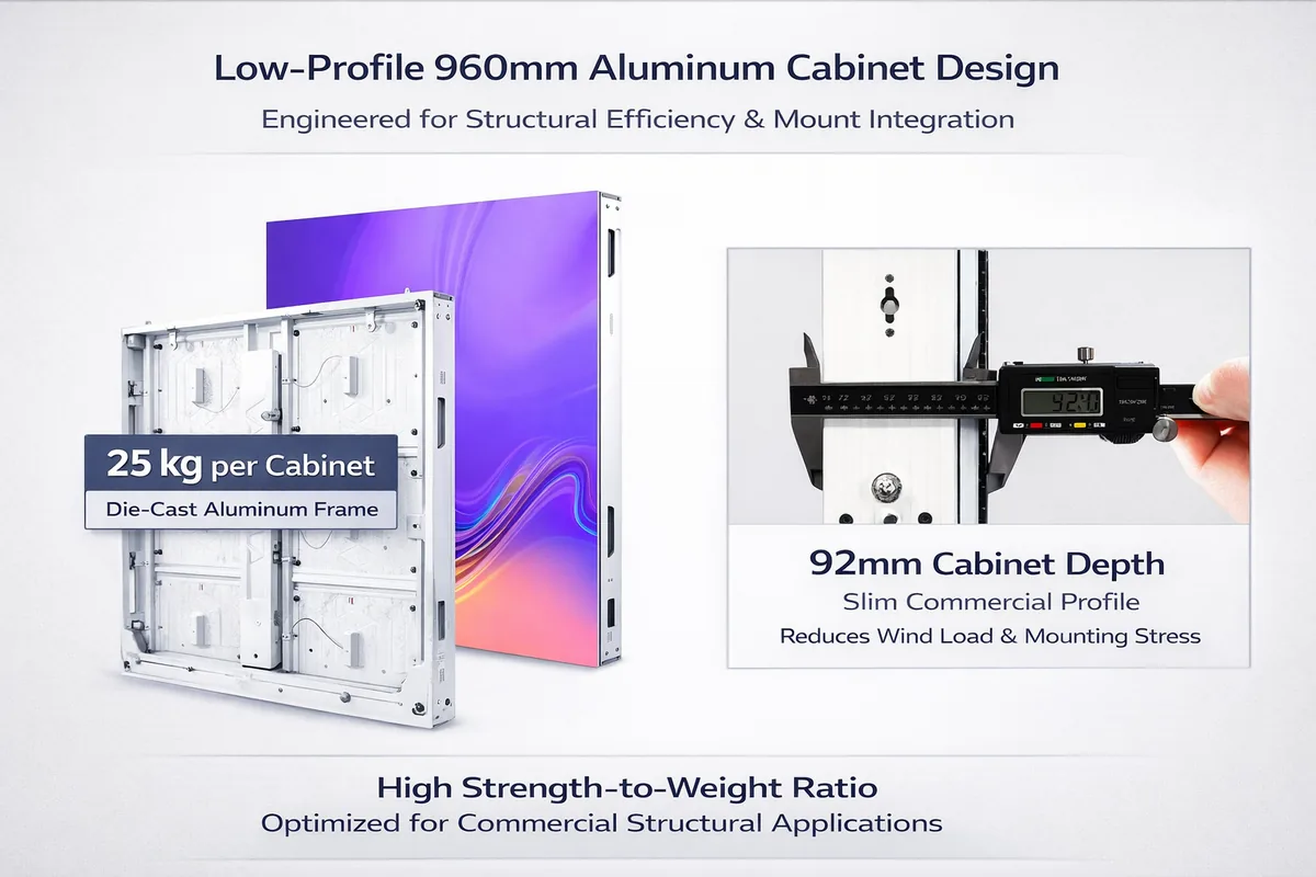 Low-Profile 960mm Aluminum Cabinet Design — 25kg, 92mm depth