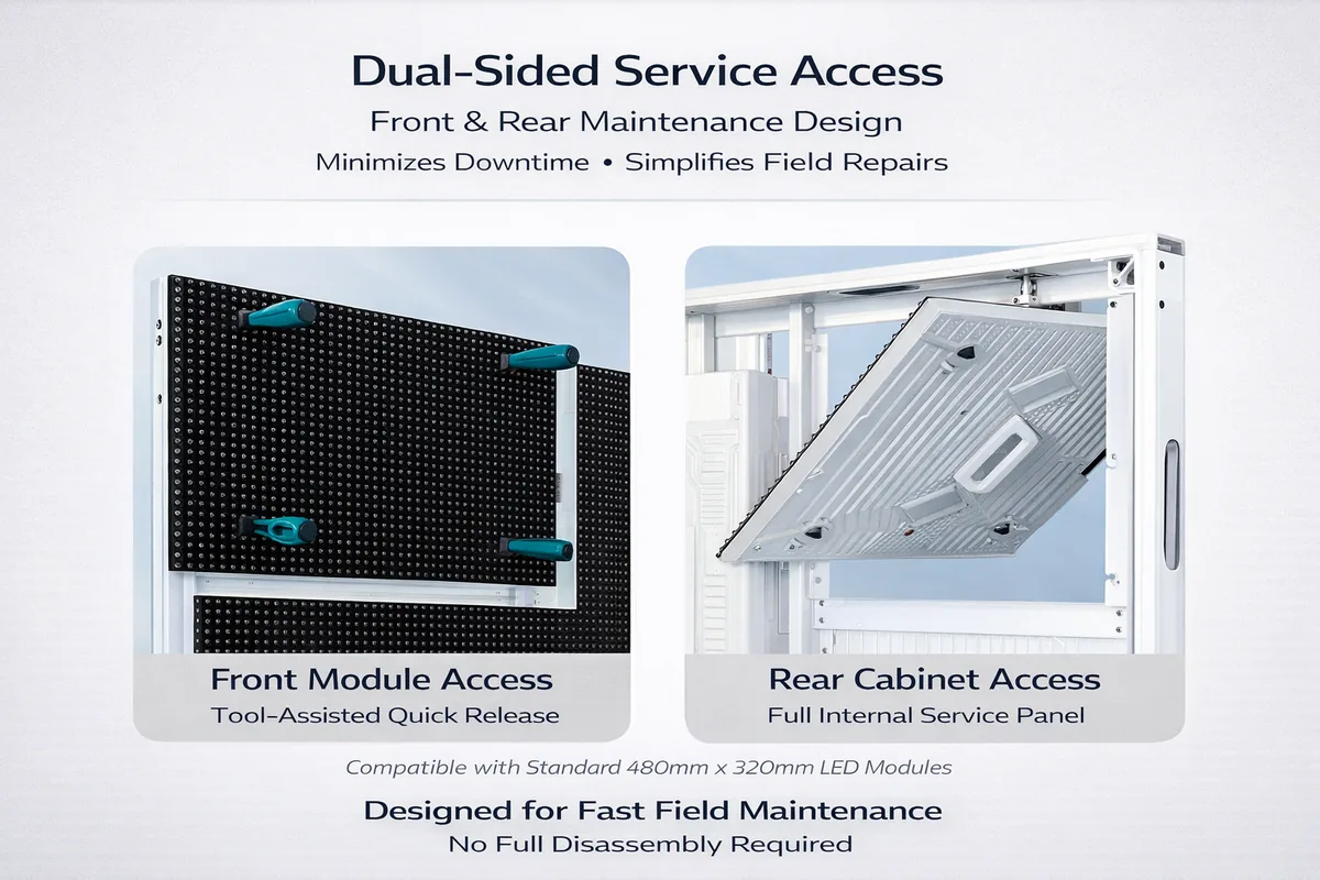 Dual-Sided Service Access — Front module quick release and rear cabinet panel